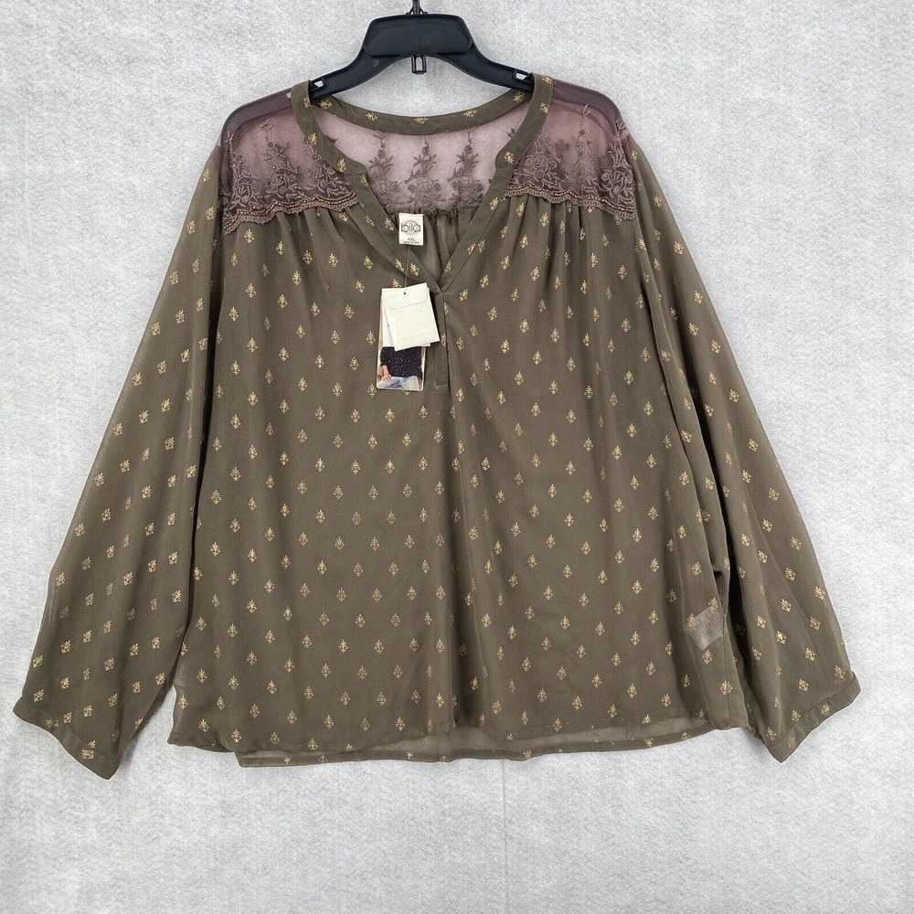 Bila Blouse Womens‎ XXL 2Xl Taupe Chiffon Balloon Sleeve Lace Top Shirt Career